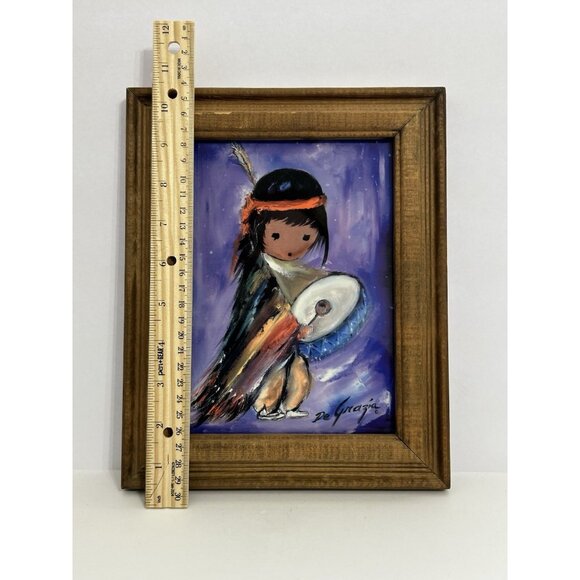 Ted De Grazia Vintage Native American Little Drummer Boy Art Tile Framed 8"x6" - Picture 9 of 12